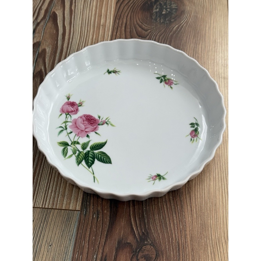 Christineholm White Ceramic Pink Rose Quiche Tart Pie Baking Dish 9.5" x 1.5"
